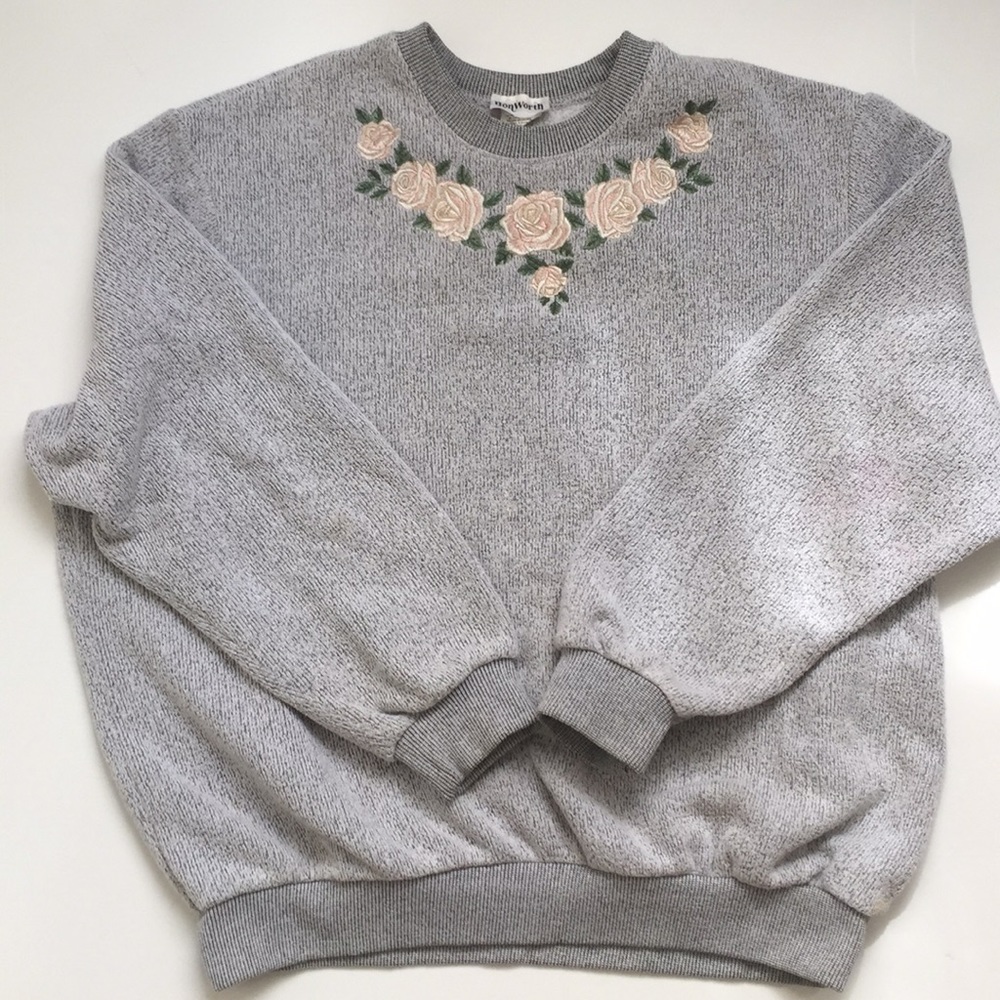 Vintage 90s XL Rose Embroidered Fleece Sweatshirt